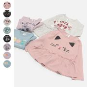 chil2／プリントフリルギャザー切替長袖Tシャツ