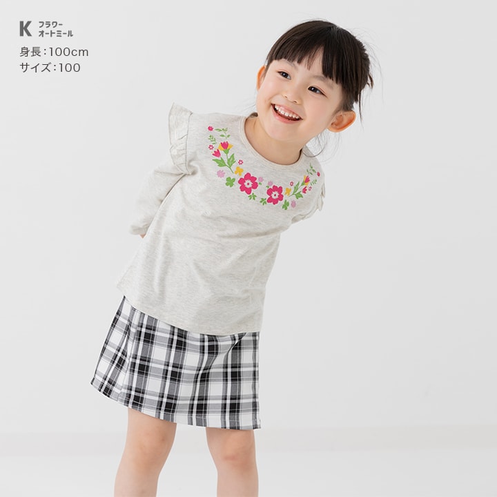 プリント肩フリル長袖Tシャツ