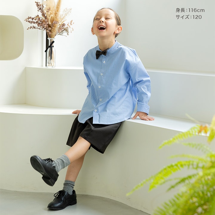 リボン付きストライプ長袖シャツ