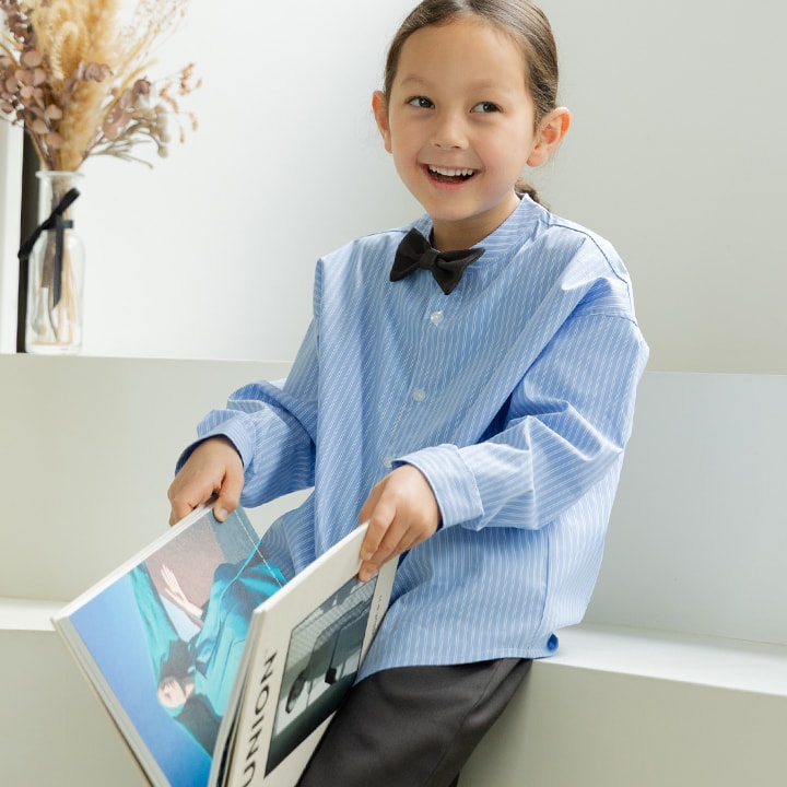 リボン付きストライプ長袖シャツ