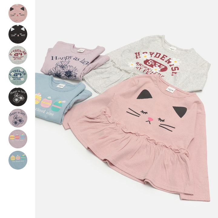 プリントフリルギャザー切替長袖Tシャツ