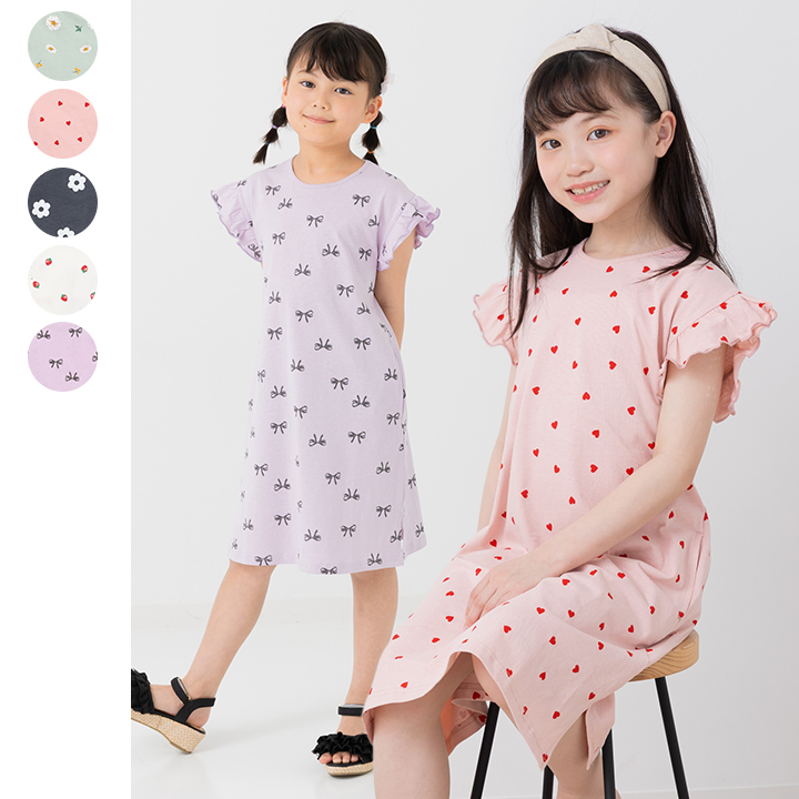 総柄肩フリルワンピース